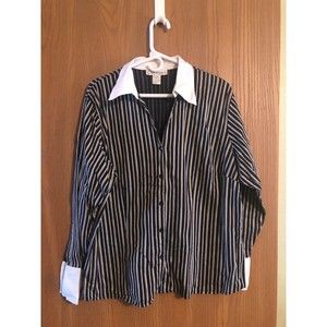 Womens button up blouse black gold white strip white collar size 18 20 Dressbarn
